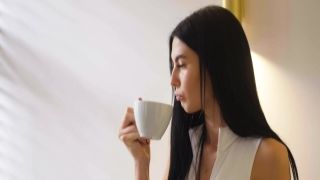 Black awful slut in white stockings masturbates passionately on video camera